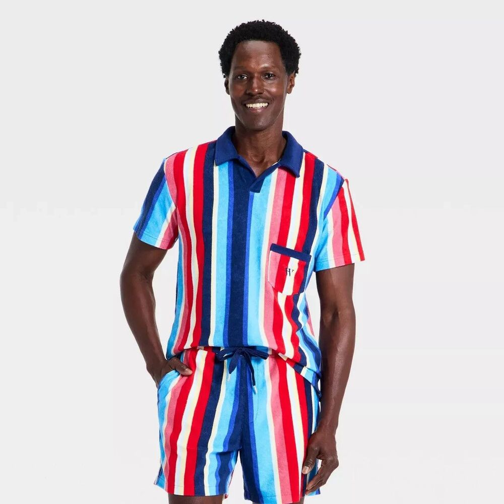 Houston White Men's Striped Terry Short Sleeve Pullover Shirt - Blue/Red XL NWT